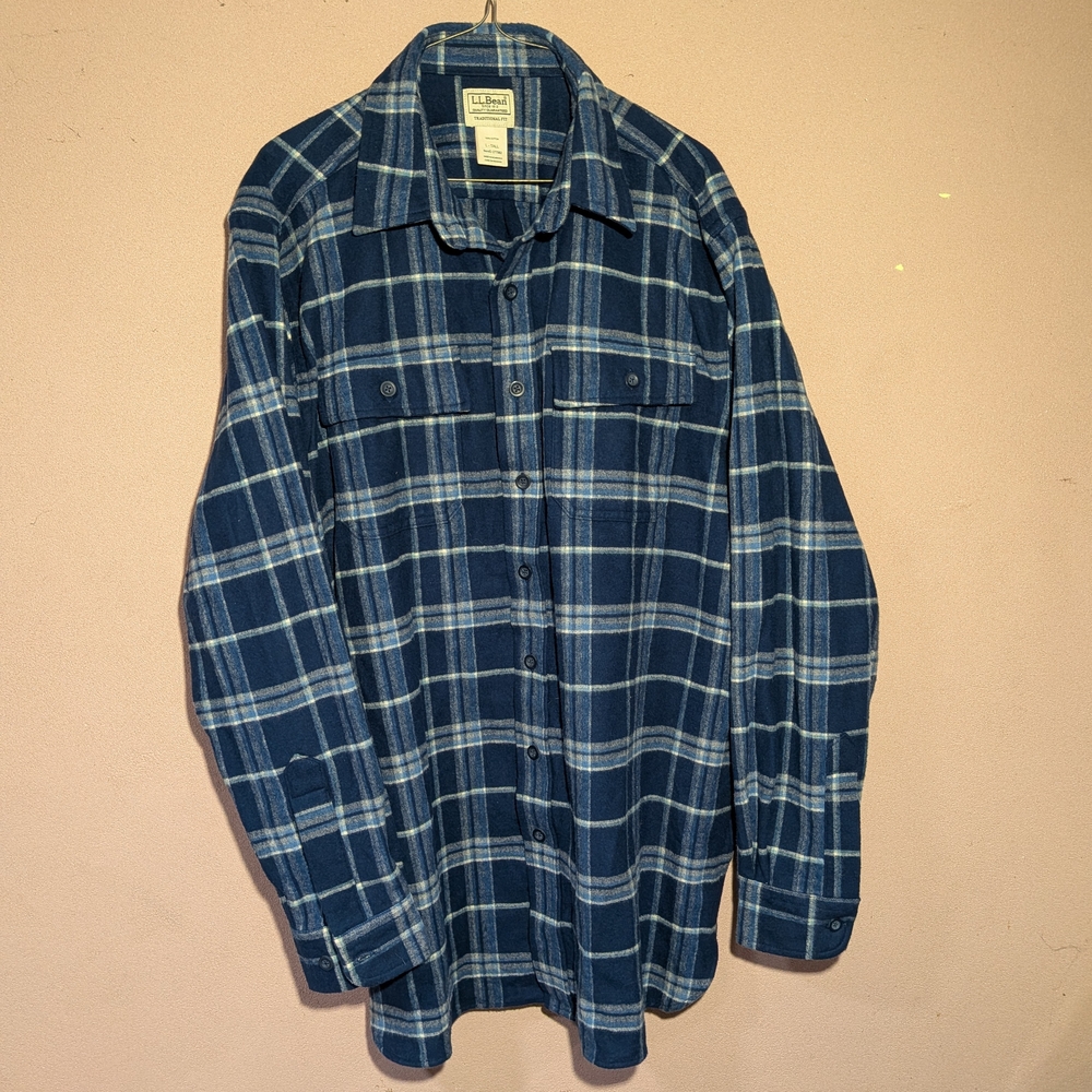 L.L. Bean Men’s Chamois Cloth Flannel Royal Blue Plaid Shirt Sz L-Tall 277982